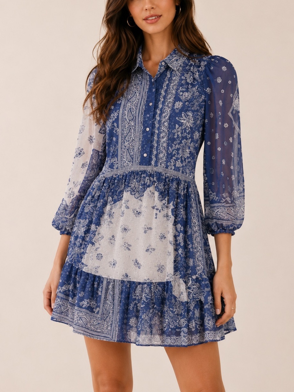 Naracamicie Blue Floral Long Sleeve Boho Ruffle Flowy Mini Dress - Picture 10 of 10